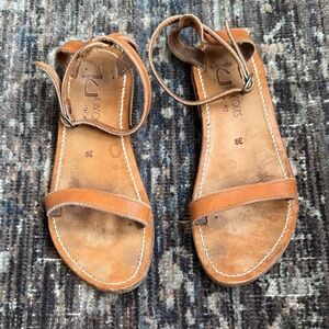 K.Jacques Tan Leather Ankle Wrap Strappy Sandals